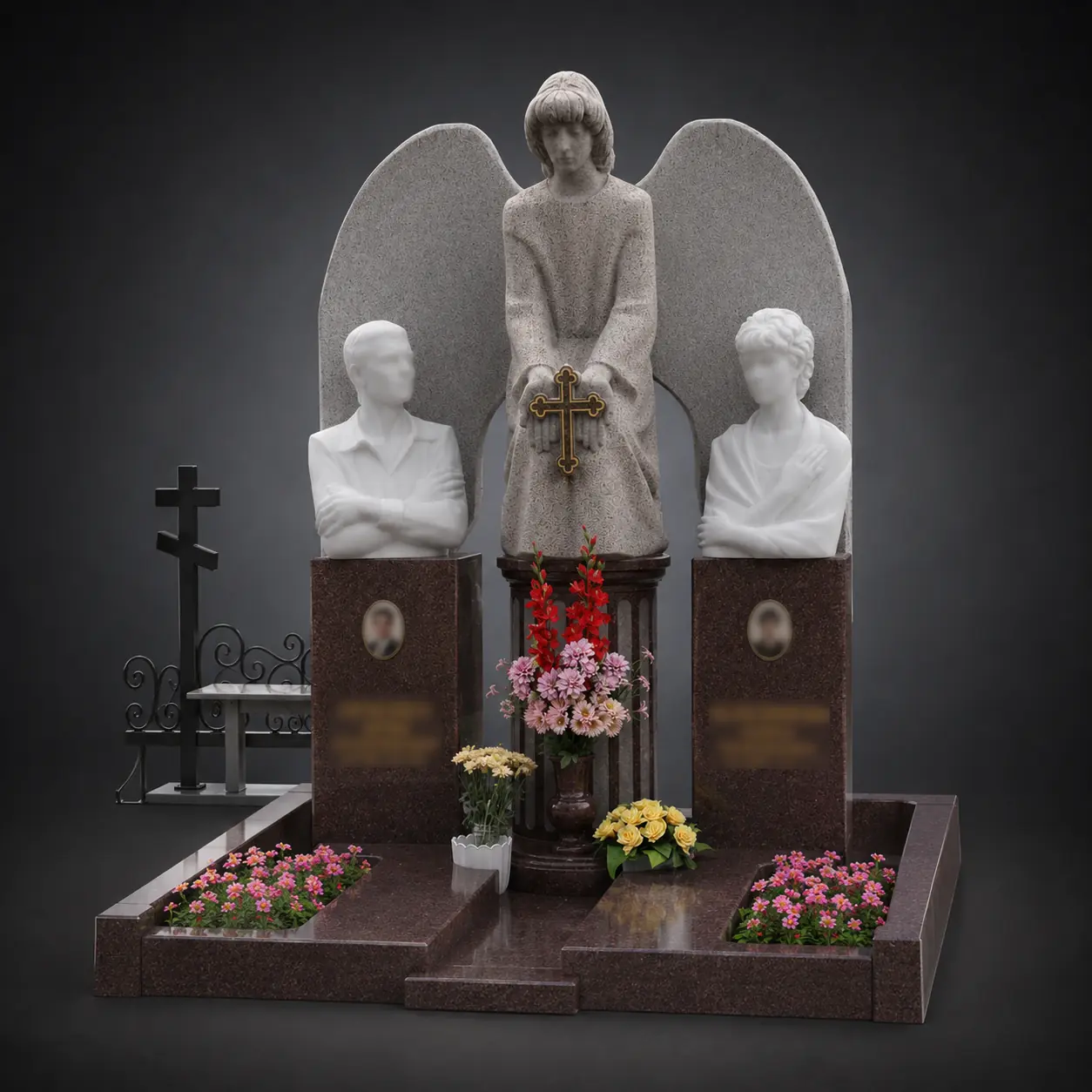 Пам’ятник подвійний PP246 — дві пам’ятні стели та центральна скульптурна композиція з ангелом