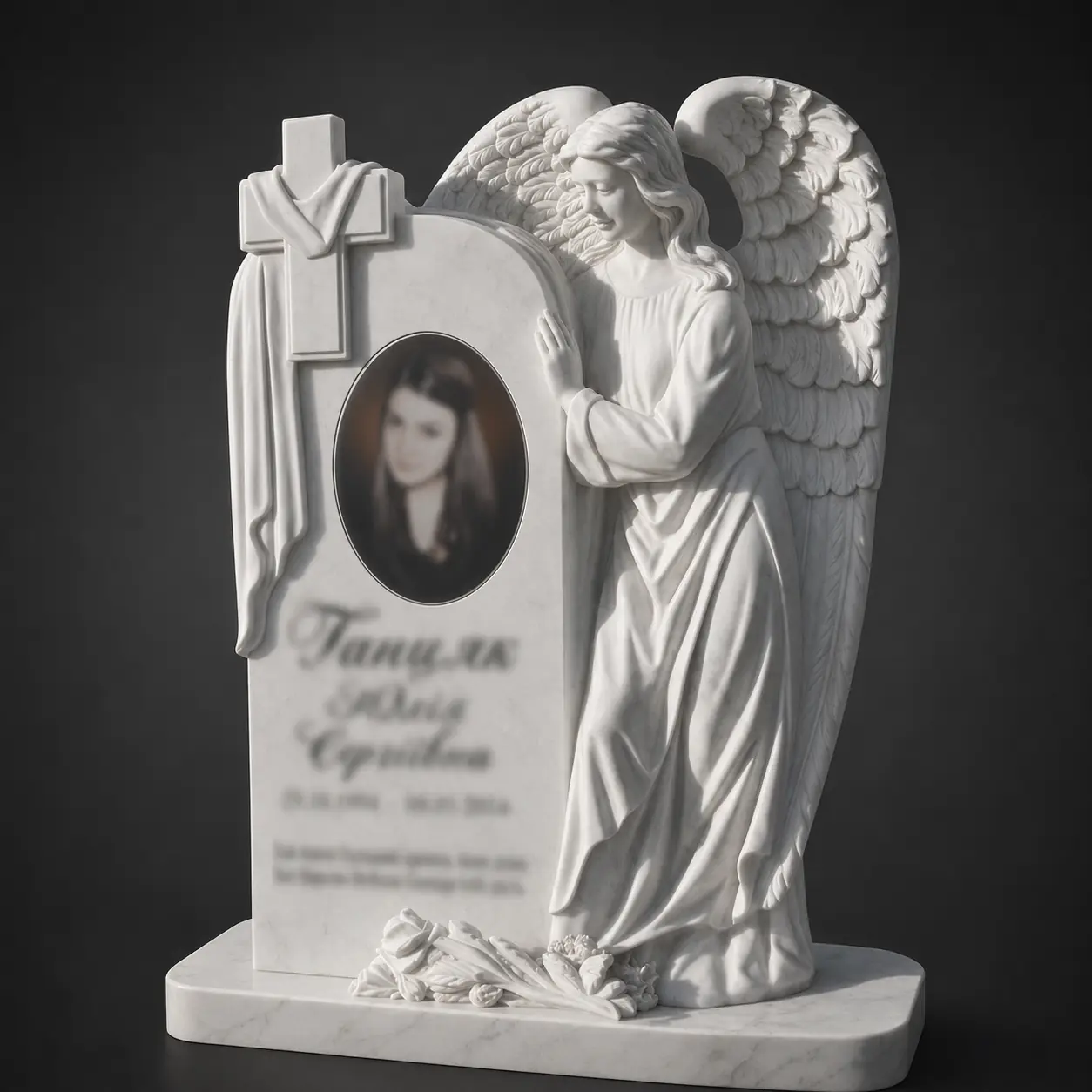 Пам’ятник одинарний OD073 — світла портретна стела з великою рельєфною постаттю ангела