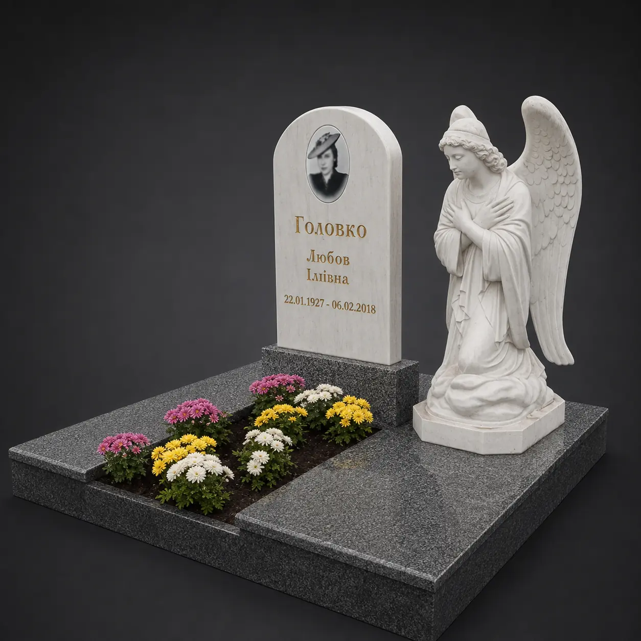Пам’ятник одинарний OD076 — світла аркова стела зі скульптурою ангела та відкритим квітником