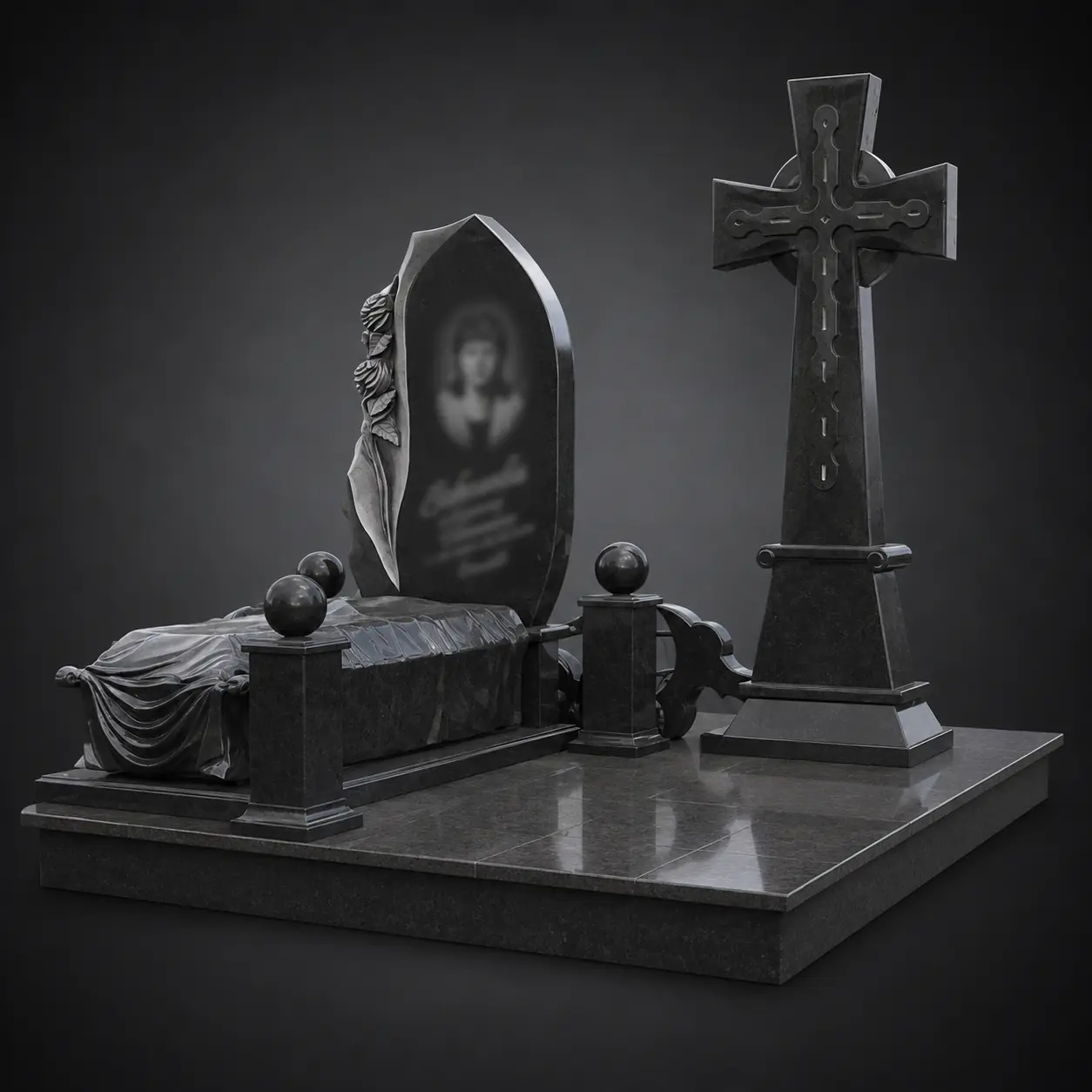Пам’ятник одинарний OD085 — вертикальна стела з великим хрестом і пластичною фігурою біля основи