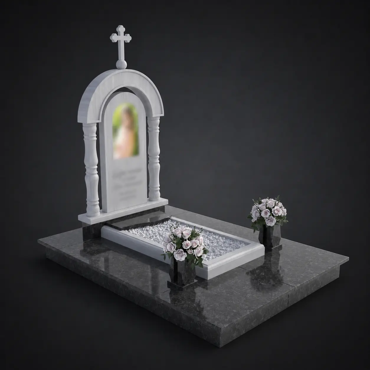Пам’ятник одинарний OD048 — світла аркова стела з хрестом і відкритим квітником