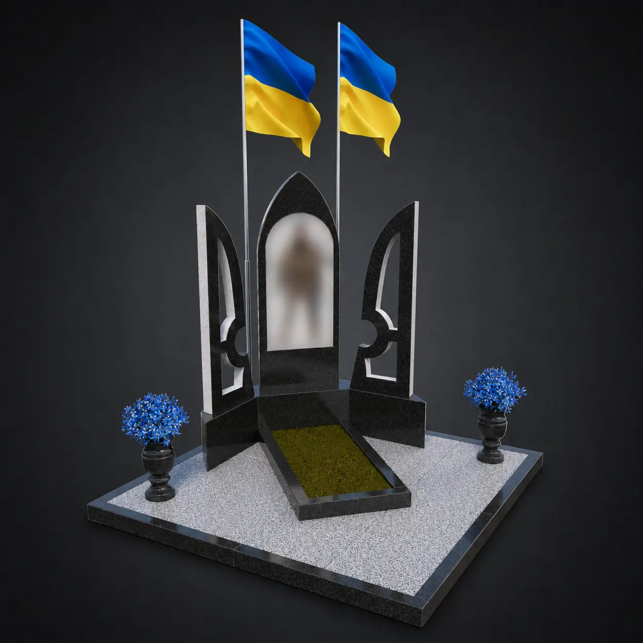 Пам’ятник військовим PV149 — центральна фотостела з двома прапорами та розкритими бічними площинами